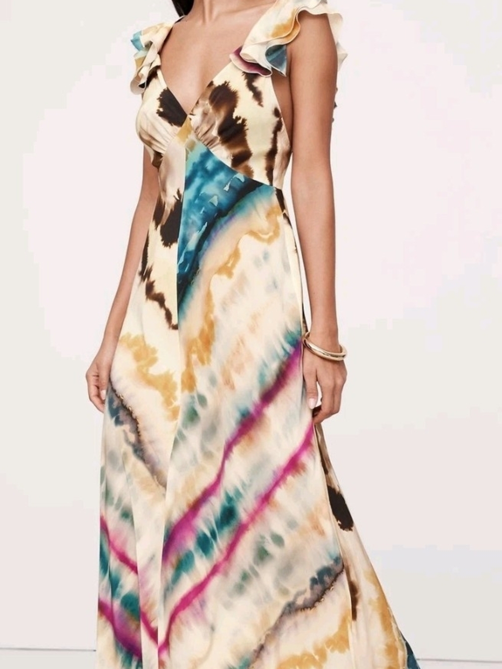 Banana Republic Multicolor Tie-Dye Matte Silk Maxi Dress with Ruffle Sleeves